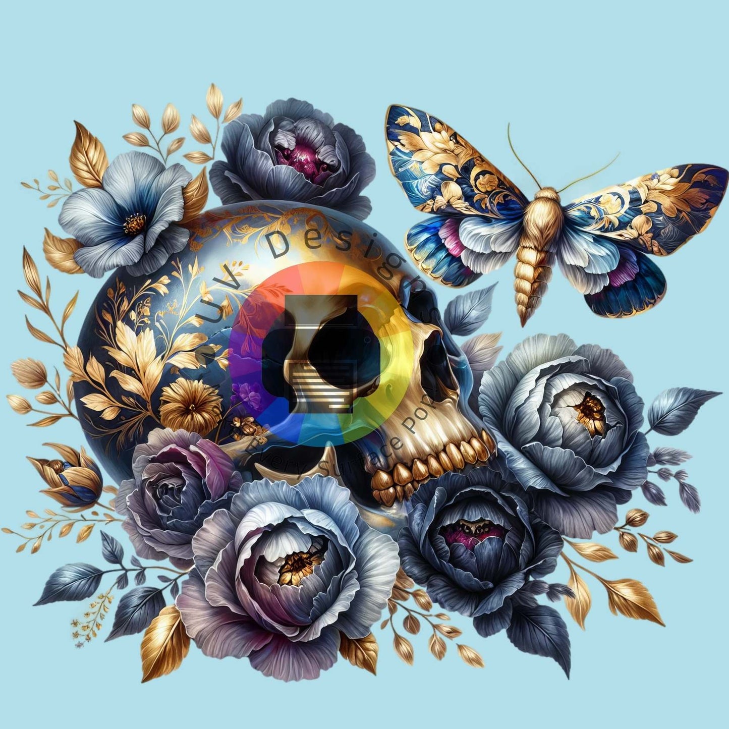 Goud blauw skull met bloemen en mot nr 3