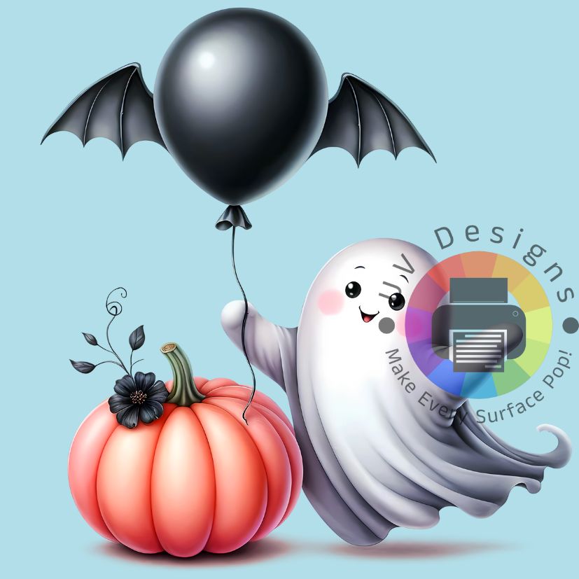 Spookje met ballon en pompoen