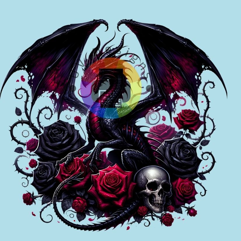 Zwarte draak met rode rozen