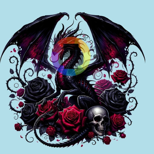 Zwarte draak met rode rozen