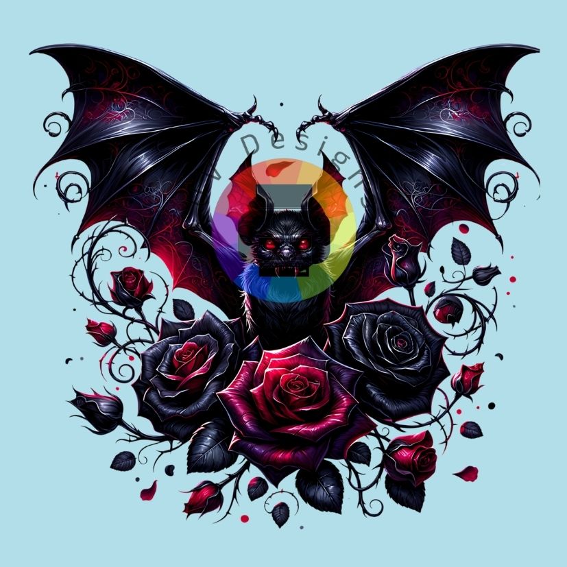 Zwarte rode vleermuis met rozen