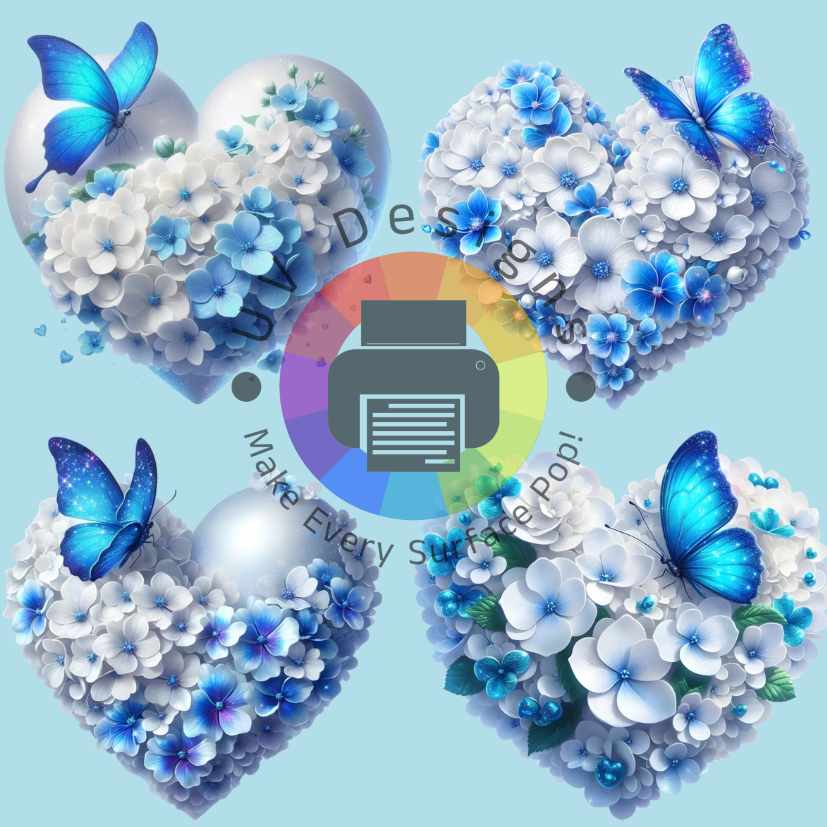 6 cm Heart with white and blue flowers with a butterfly