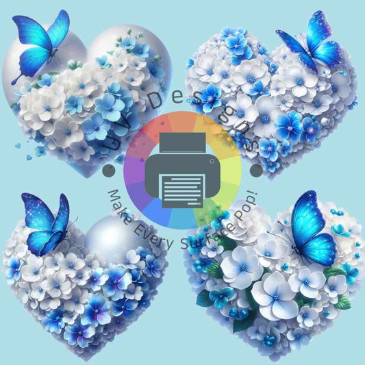 Cœur de 6 cm avec des fleurs blanches et bleues et un papillon
