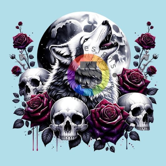 Volle maan - Wolf - skull - rozen