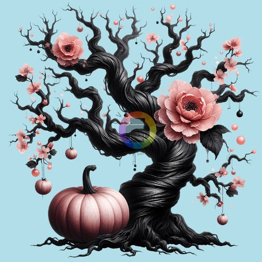 Arbre noir avec fleurs et citrouille