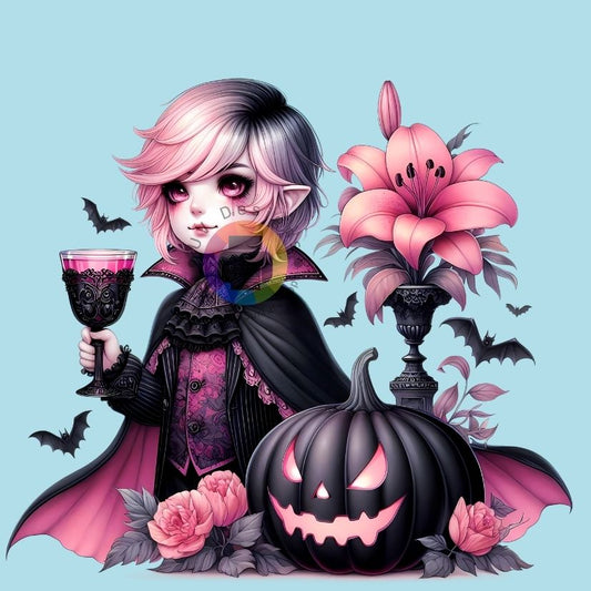 Enfant vampire avec citrouille noire