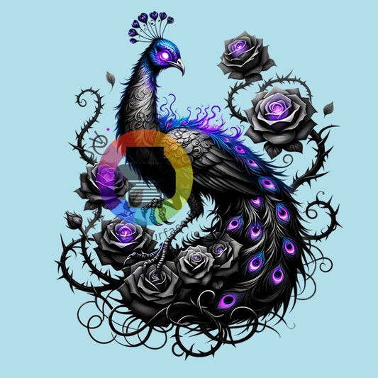 Zwarte paarse pauw met rozen