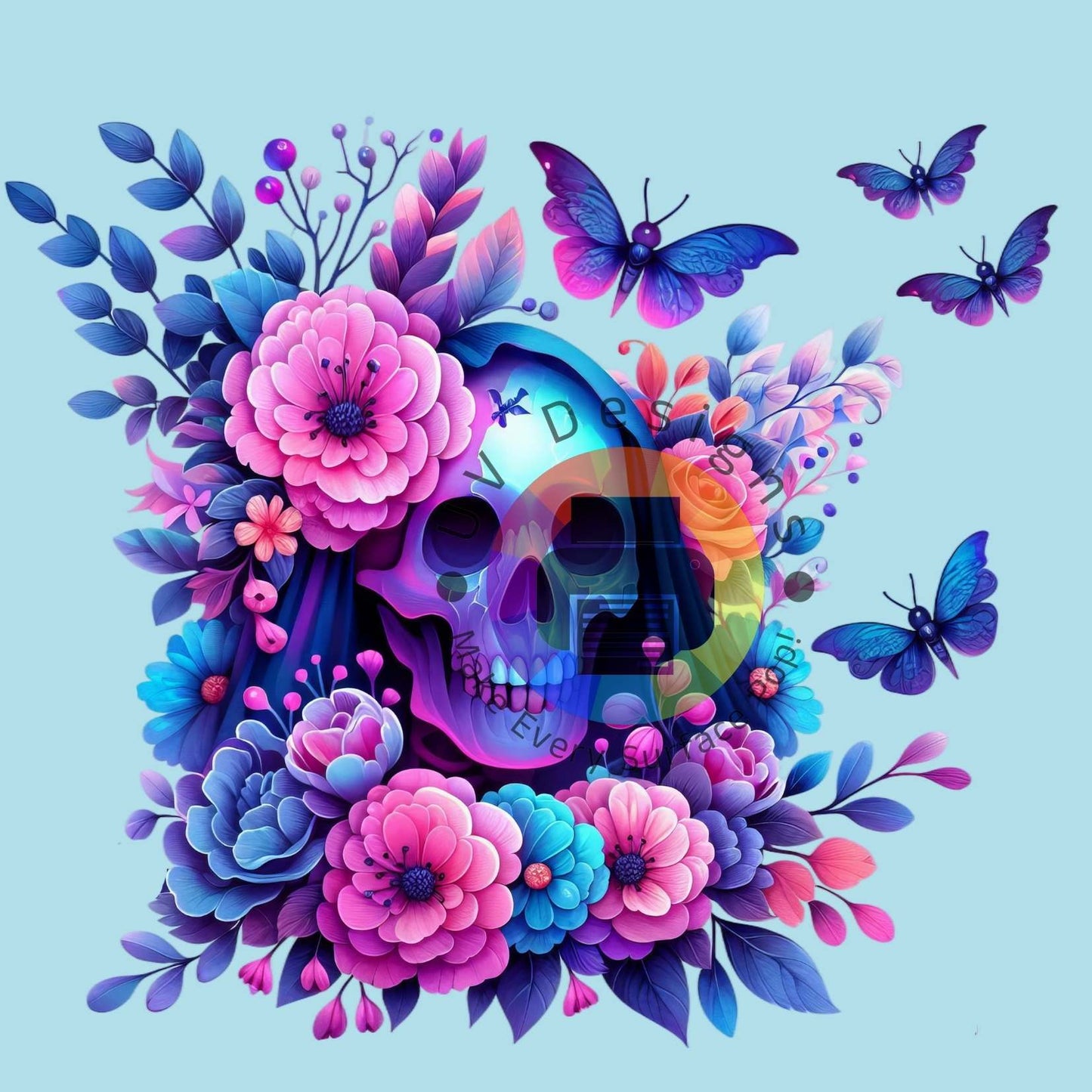 Pastel skull bloemen en vlinders