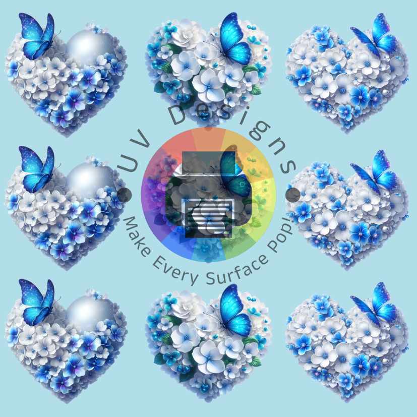 4 cm Heart with white and blue flowers with butterfly