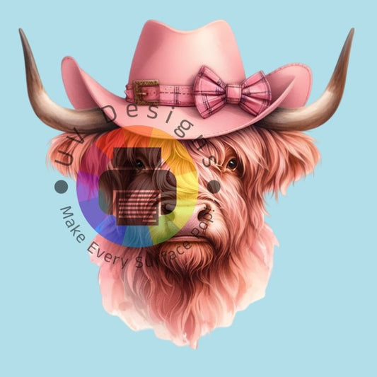 Highland koe met roze hoed nr 2