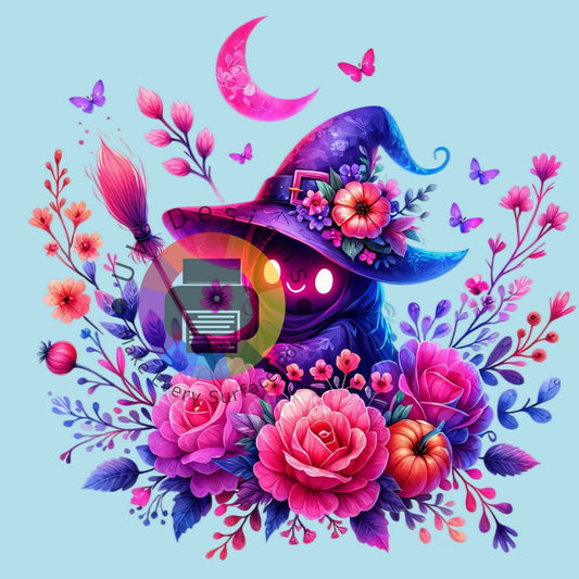 Spook met heksenhoed en bloemen