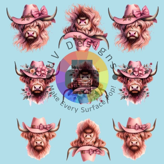 4 cm Highland koeien met roze hoed