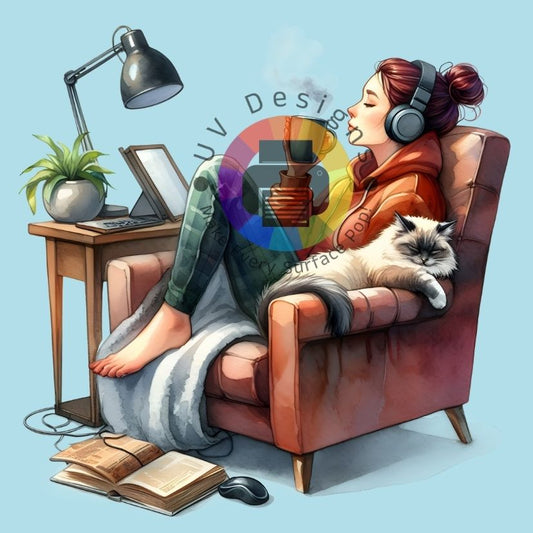 Vrouw met koptelefoon, mok en kat op de bank nr 1