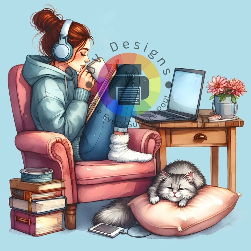 Vrouw met mok, laptop en kat