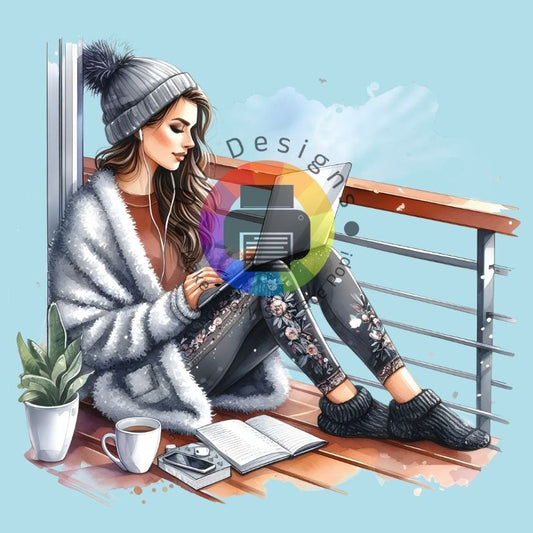 Vrouw met laptop op balkon nr 1