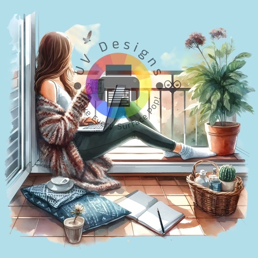 Vrouw met laptop op balkon nr 2