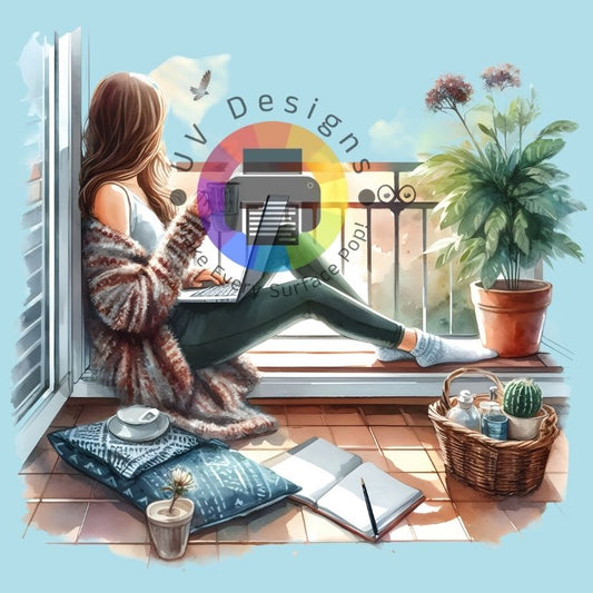 Vrouw met laptop op balkon nr 2