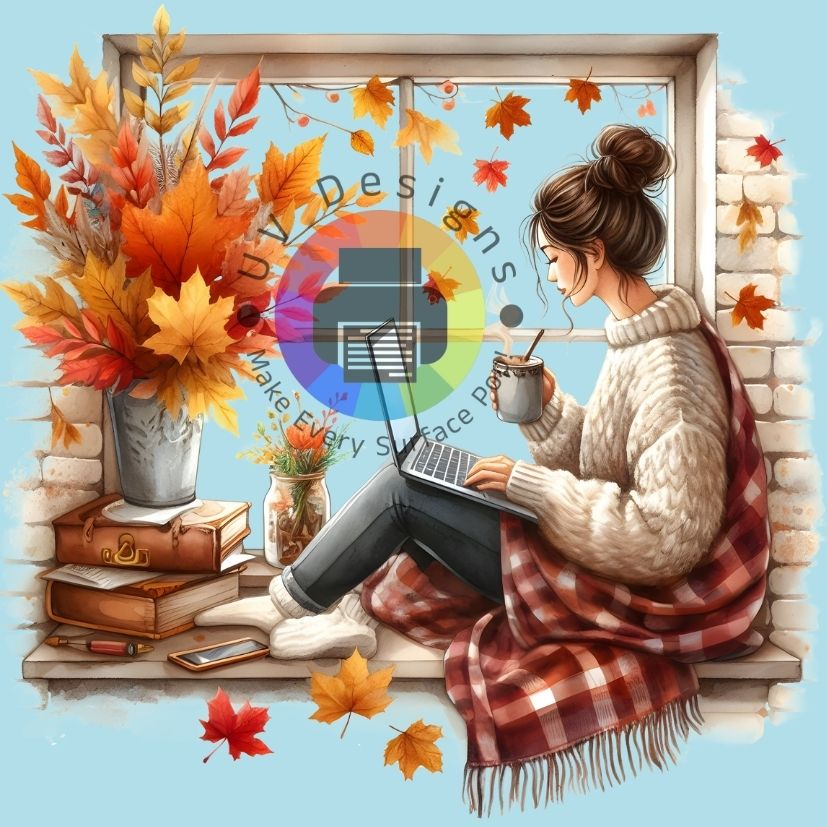 Vrouw met laptop op vensterbank