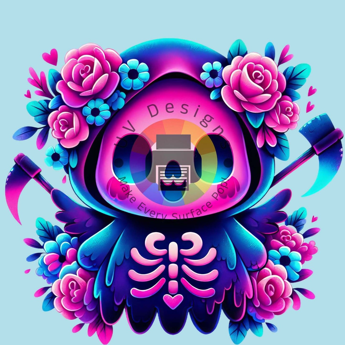 Spookje met halloween costume en bloemen