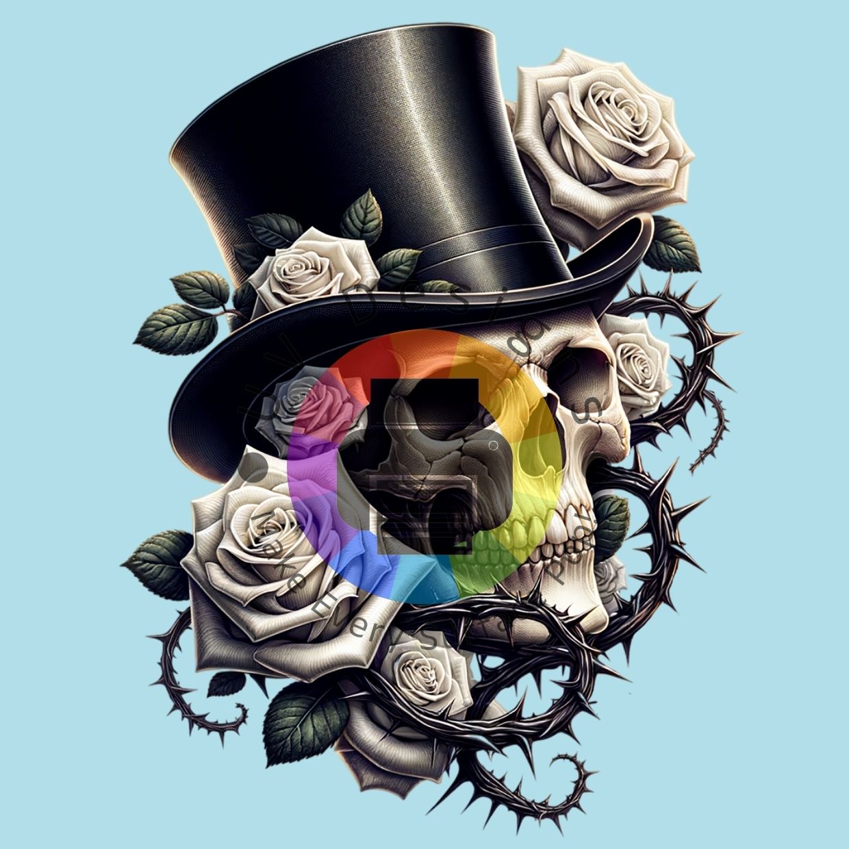 Skull met hoed en witte rozen