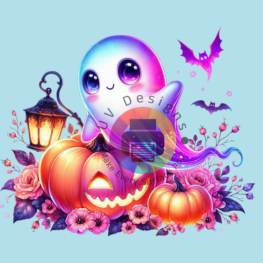 Spookje met pompoenen en bloemen