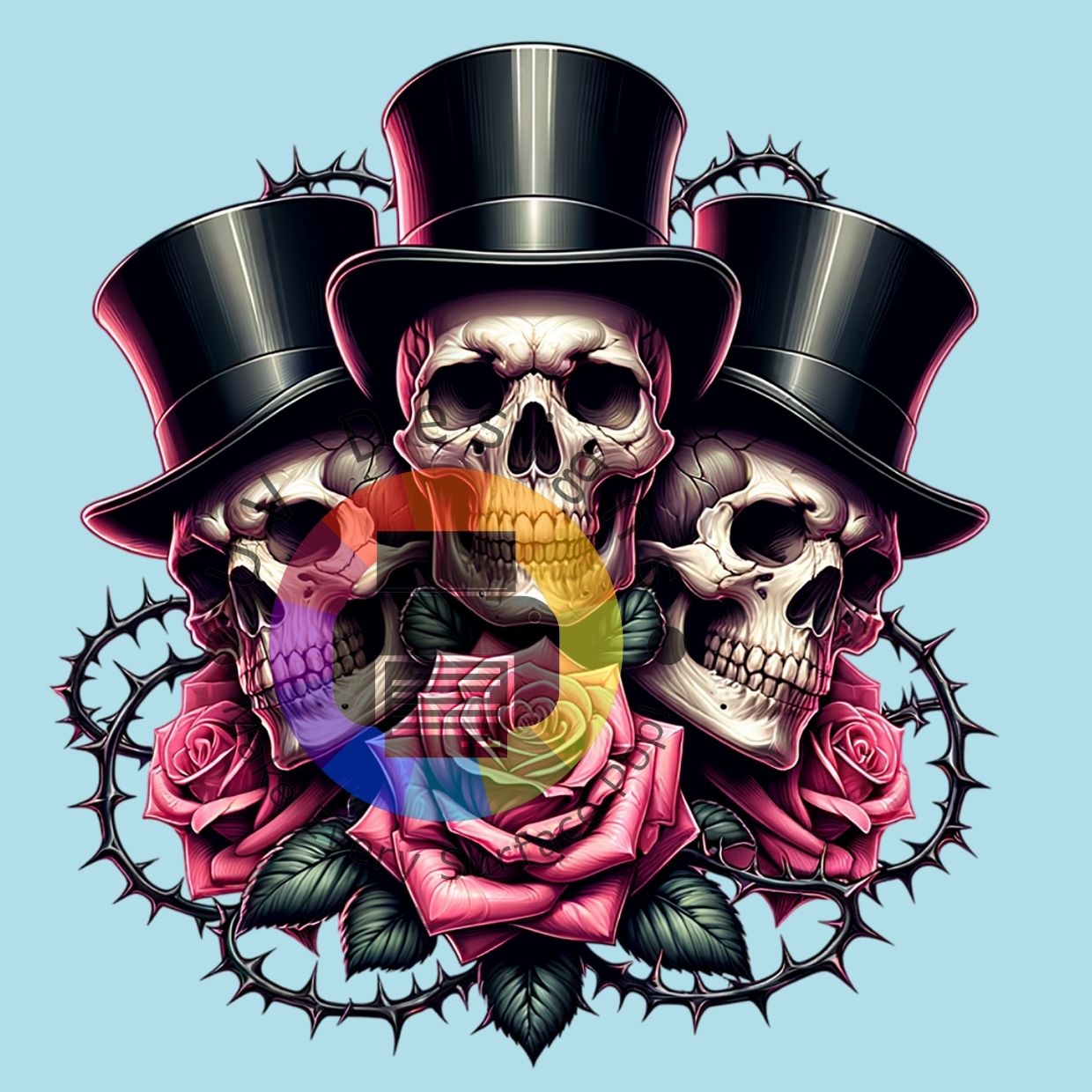 3 Skulls met hoed en roze rozen