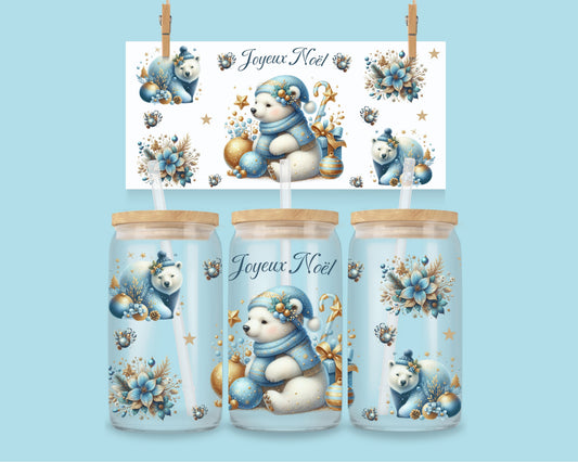 16 oz Joyeux Noël - Ours polaire - Bleu or