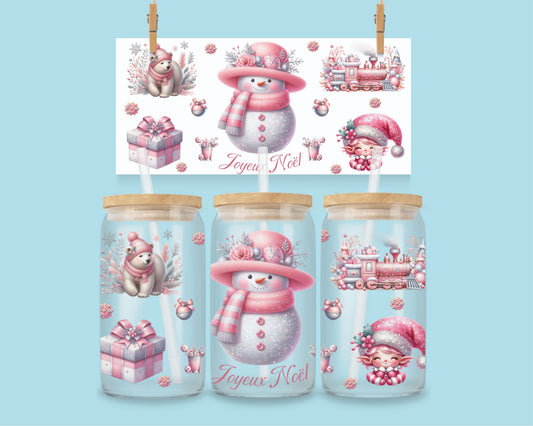 16 oz Joyeux Noël - Bonhomme de neige - Rose