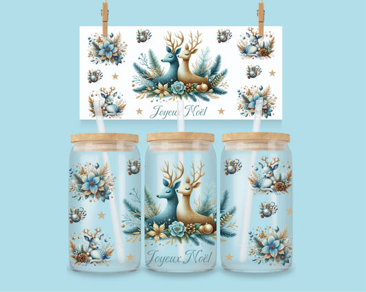 16oz Joyeux Noël - renne - or bleu