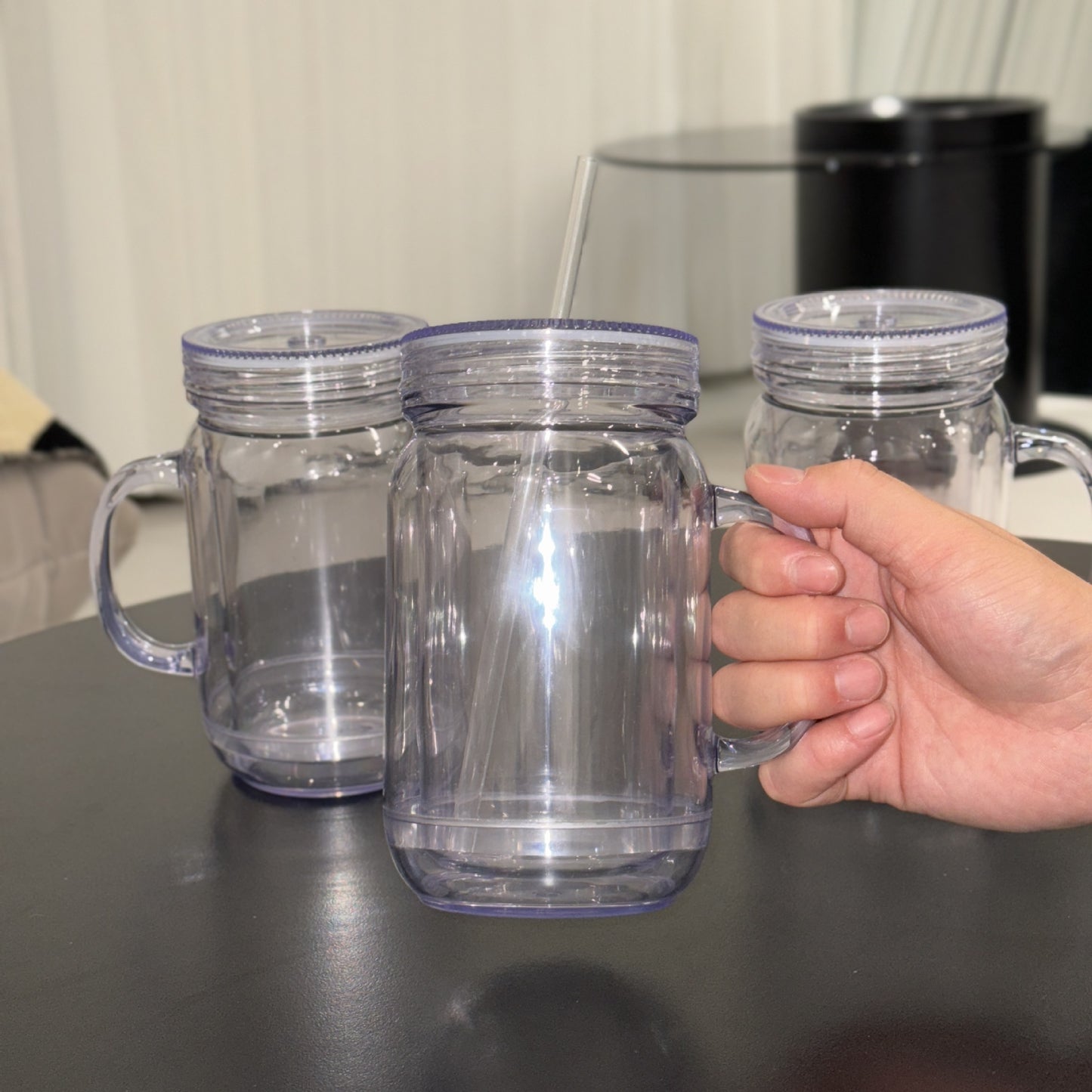 20oz Snow Globe Mason Jar – Double-Walled Clear Drinking Bottle with Straw