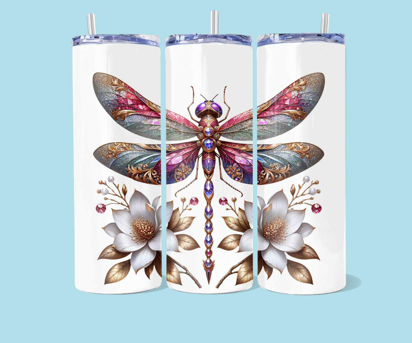 Libellule 20oz avec fleurs en or blanc
