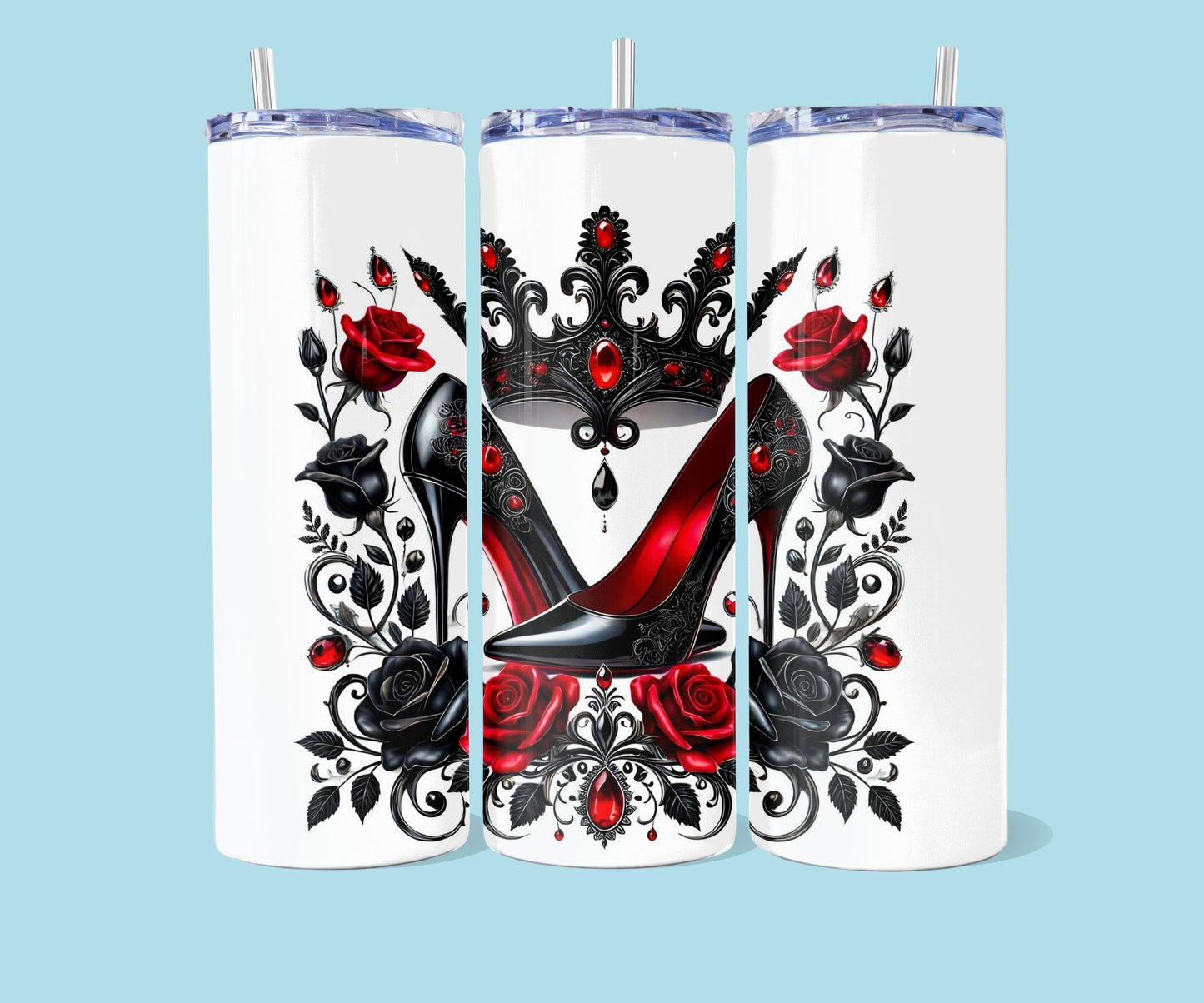 20oz Rood - zwarte stiletto met rozen en kroon