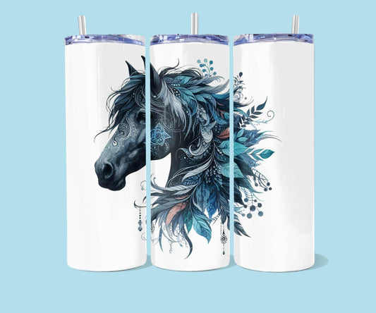 20oz Horse with blue feathers