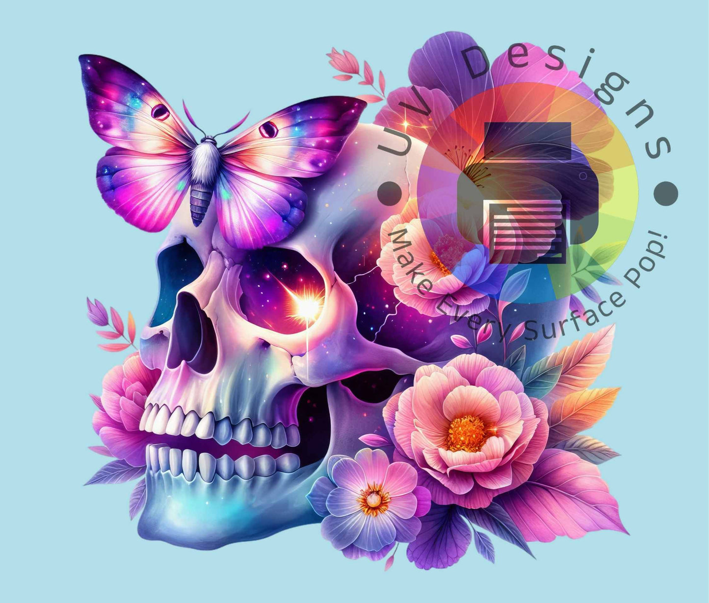 20oz Skull with flowers and moth - purple pink